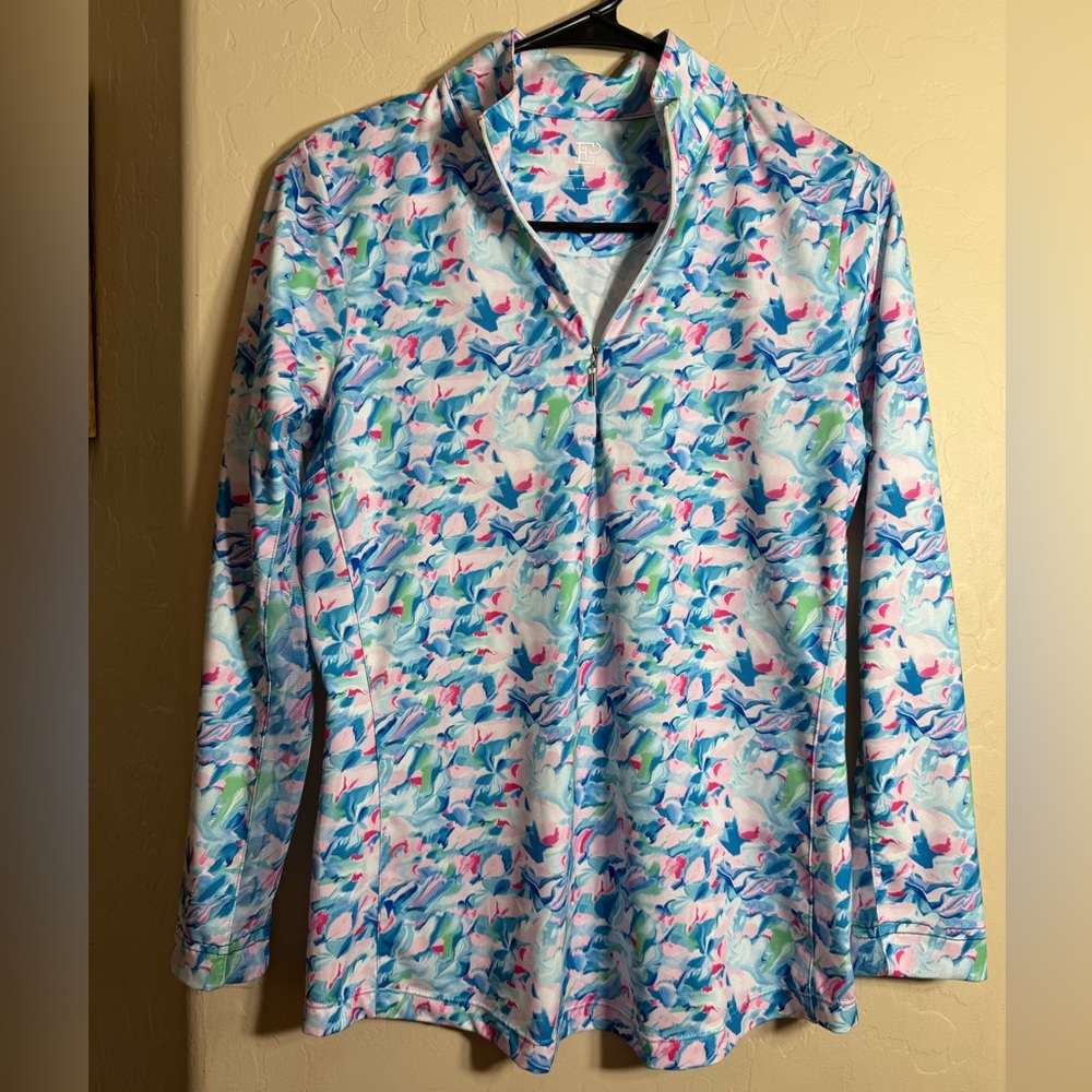 EP New York Quarter Zip Long Sleeve Golf Top Blue Pink Abstract Rash Size S